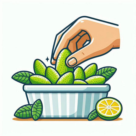 Vector illustration of a hand taking a lime from a bowl with fresh green leavesのイラスト素材