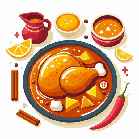 Chicken stewed with spices and herbs on a plate. Vector illustration.のイラスト素材
