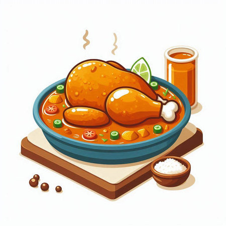 Illustration of a chicken in a bowl with vegetables and sauce.のイラスト素材