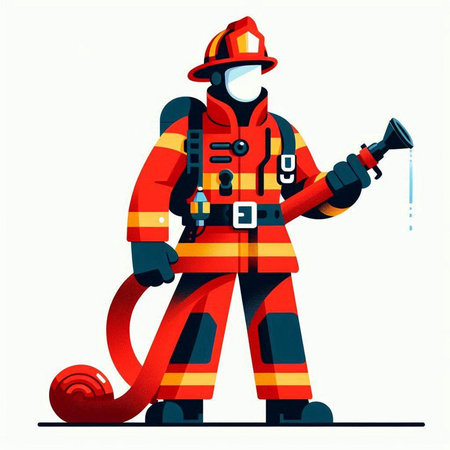 Firefighter in uniform with a fire extinguisher. Vector illustration.のイラスト素材