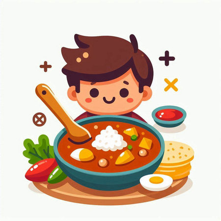 Vector illustration of a boy in a bowl of spicy soup with vegetables.のイラスト素材