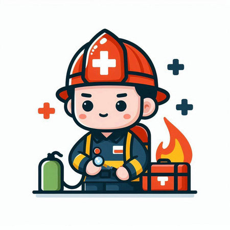 Cartoon firefighter holding a fire extinguisher and a first aid kitのイラスト素材