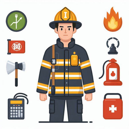 Fireman character in uniform with equipment. Flat style vector illustration.のイラスト素材