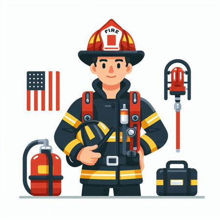 Firefighter with fire extinguisher. Vector illustration in flat style.のイラスト素材
