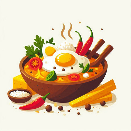 Bowl of hot soup with fried egg and vegetables, vector illustration.のイラスト素材