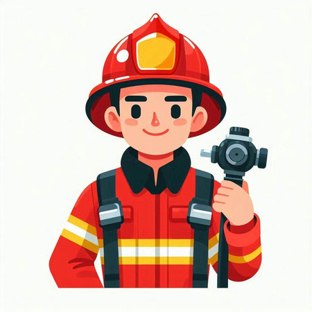 Firefighter in uniform holding a camera. Vector illustration in cartoon style.のイラスト素材