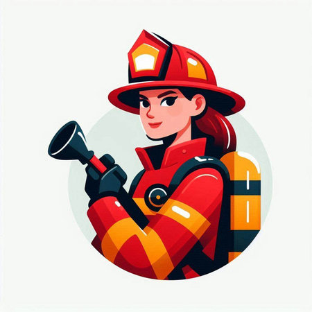 Firefighter woman with fire extinguisher. Vector illustration in cartoon styleのイラスト素材