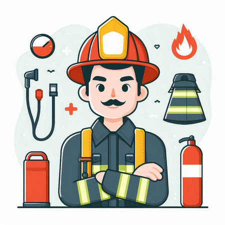 Fireman in uniform and helmet with fire extinguisher. Vector illustrationのイラスト素材