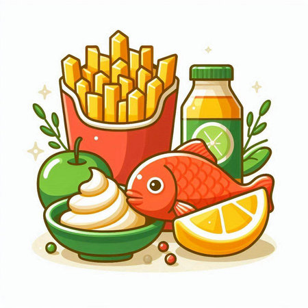 Fried fish with sauce and vegetables. Vector illustration in cartoon style.のイラスト素材