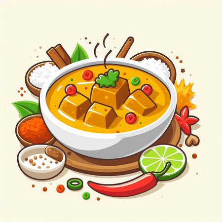 Cartoon illustration of a bowl of curry with spices and vegetables.のイラスト素材