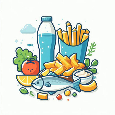 Vector illustration of a set of food and drinks on a white background.のイラスト素材