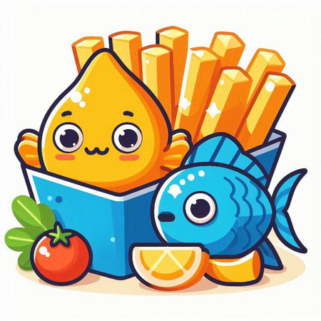 Illustration of a Cute Fish Reading a Book and Fruitsのイラスト素材