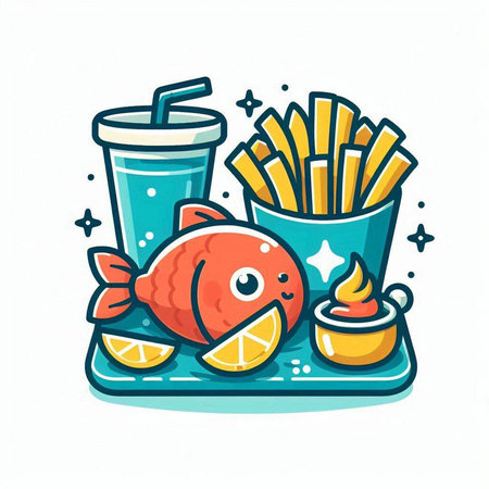Fried fish with french fries and soda drink. Vector illustration.のイラスト素材