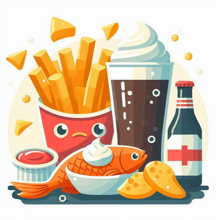 Fast food vector illustration in flat style. Fried fish, french fries, soda, chips, beer.のイラスト素材
