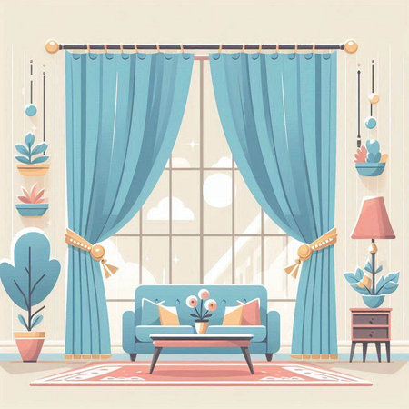 Living room interior with blue curtains, sofa and plants. Vector illustration.のイラスト素材