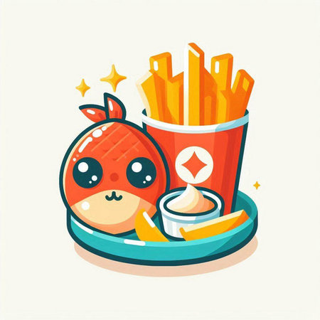 Fast food vector illustration in flat cartoon style. Fries and kawaii character.のイラスト素材