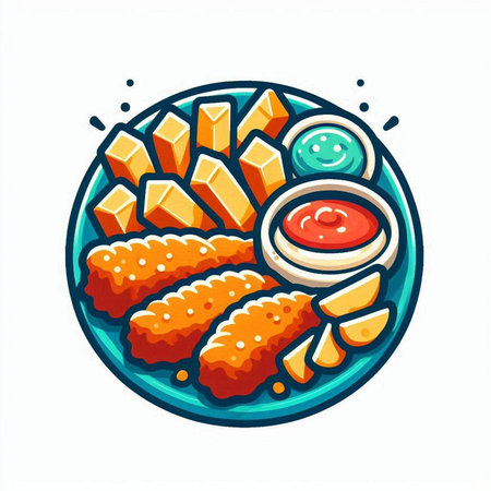 Illustration of fried fish with ketchupnnaise and mayonnaiseのイラスト素材
