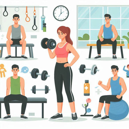 Fitness and sporty lifestyle vector illustration. Cartoon man and woman doing exercises in gym.のイラスト素材