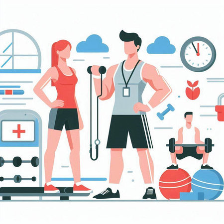Man and woman doing fitness exercises in gym. Flat vector illustration.のイラスト素材
