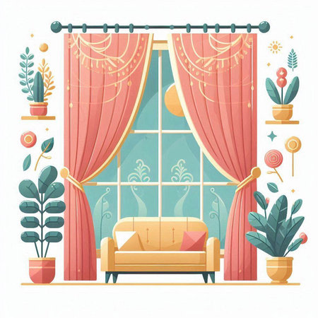 Living room interior with curtains, sofa and plants. Vector illustration.のイラスト素材
