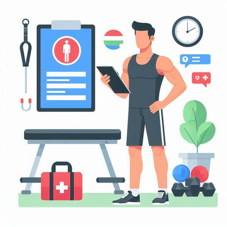 Fitness and healthy lifestyle concept vector illustration. Man in sportswear with mobile phone in gym.のイラスト素材