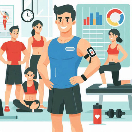 Fitness man with smart watch in gym. Vector illustration in cartoon styleのイラスト素材