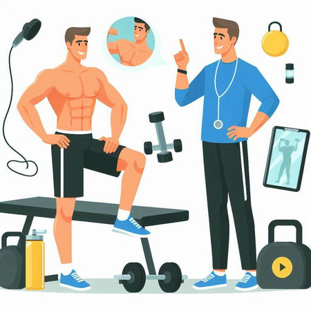 Bodybuilding and healthy lifestyle. Man doing exercises with dumbbells. Vector illustration in cartoon styleのイラスト素材