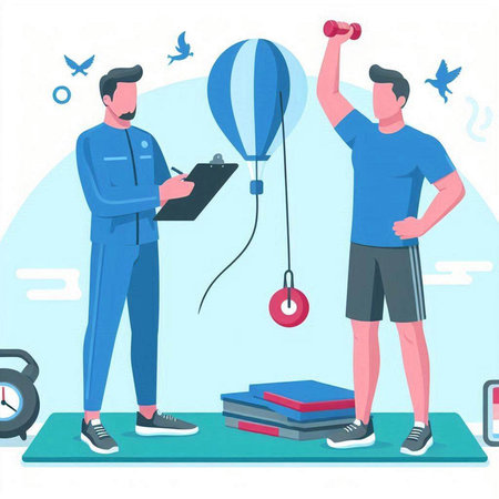 Man and woman in sportswear doing exercises with dumbbells. Flat vector illustrationのイラスト素材