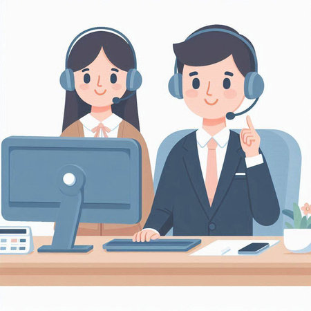 Illustration of a man and a woman working at a call centerのイラスト素材