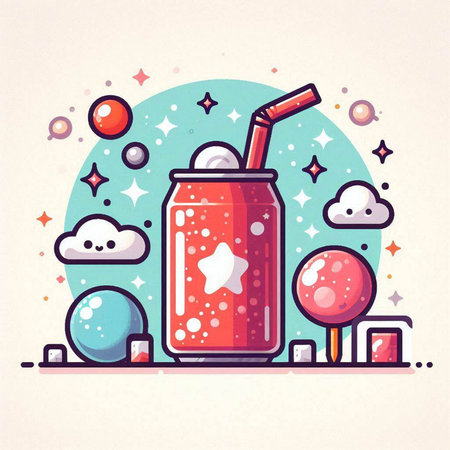 Vector illustration of a soda drink in flat line style with bubbles and stars.のイラスト素材