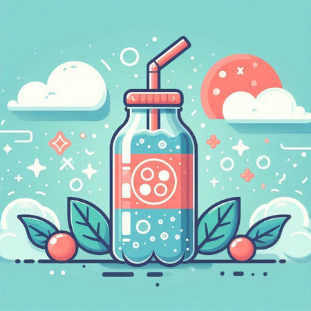 Vector illustration with a bottle of cherry smoothie on a blue background.のイラスト素材