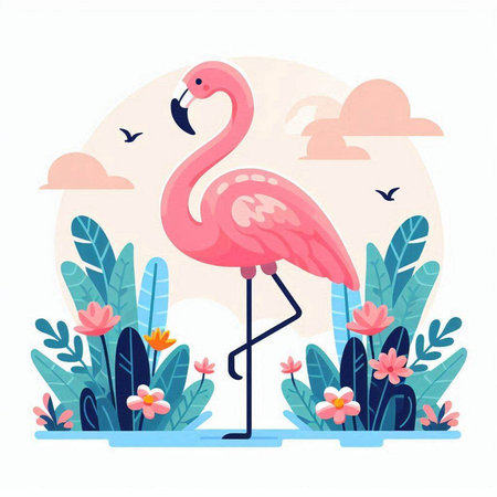 Pink flamingo in the garden. Vector illustration in flat style.のイラスト素材