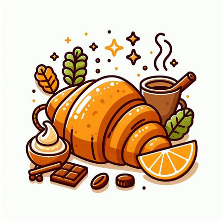 Coffee cup, croissant and chocolate. Vector illustration.のイラスト素材