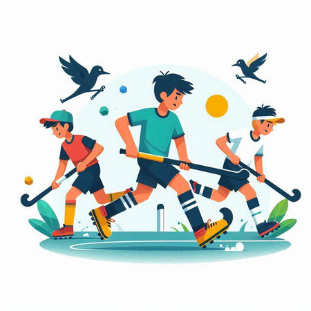 Vector illustration of a group of people playing hockey. Flat style.のイラスト素材