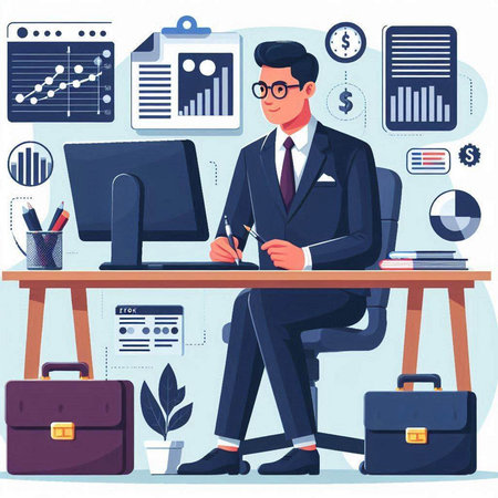 Businessman working in office. Vector illustration in flat cartoon style.のイラスト素材
