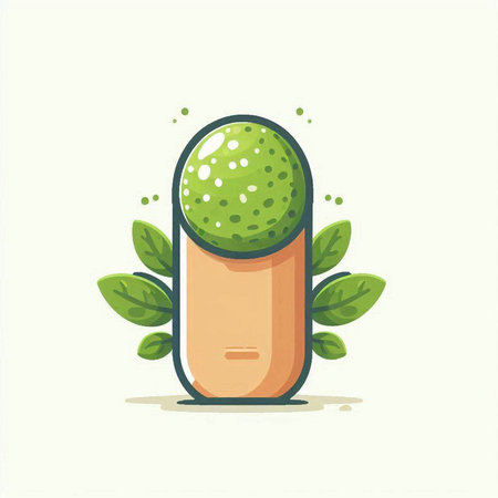 cartoon pill with green leaves isolated on white background, vector illustrationのイラスト素材