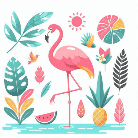 Vector illustration of pink flamingo, tropical leaves, berries, watermelon and butterflies.のイラスト素材