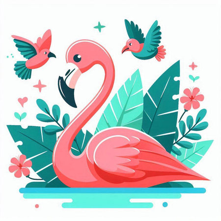 Vector illustration of pink flamingo with tropical leaves, flowers and birds.のイラスト素材