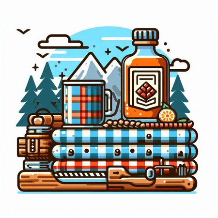 Vector illustration of a set of camping items. Luggage, bottle, mug, tent, mountain landscape.のイラスト素材