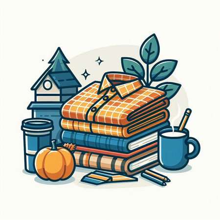 Vector illustration of a stack of books with a cup of coffee and a pumpkinのイラスト素材