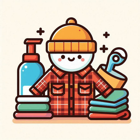 Vector illustration of a funny snowman in a plaid shirt, hat and gloves, holding a wrench and a bottle of liquid soap.のイラスト素材
