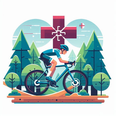 Cyclist in helmet riding bicycle on road in forest flat vector illustrationのイラスト素材