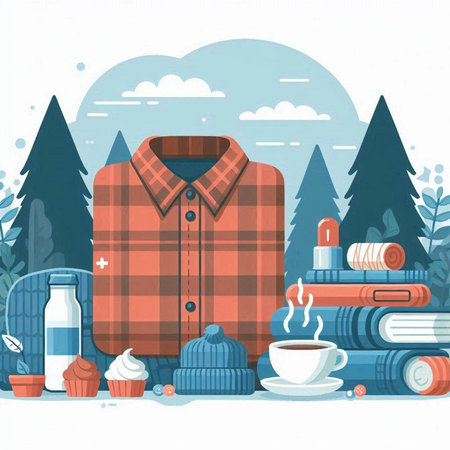 Vector illustration of a man's shirt, a cup of coffee, a hat, a plaid shirt, a stack of books and a cup of tea in a forest.のイラスト素材