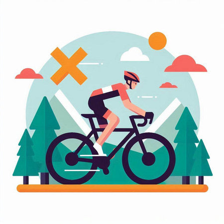 Cyclist in helmet and glasses riding bicycle in the forest. Flat vector illustration.のイラスト素材