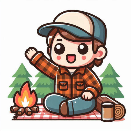 Boy camping by the campfire. Vector illustration in cartoon style.のイラスト素材