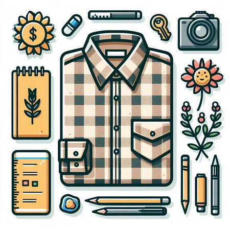 Flat line style vector illustration of men's shirt and accessories.のイラスト素材