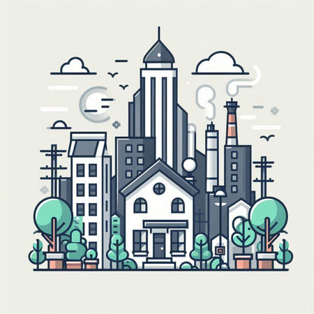 Cityscape with buildings and trees. Vector illustration in linear style.のイラスト素材