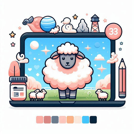 Laptop with sheep on the screen. Cute cartoon vector illustration.のイラスト素材