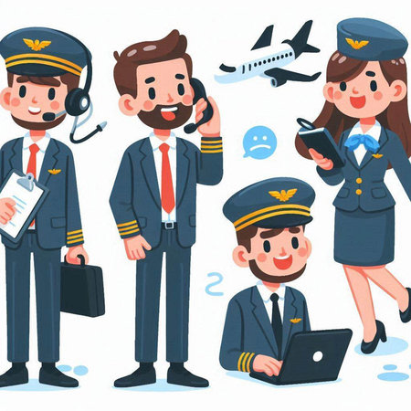 Pilot and stewardess in uniform. Vector illustration. Cartoon style.のイラスト素材