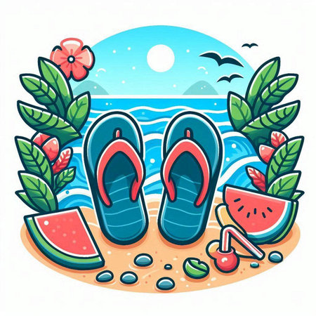 Flip flops and watermelon on the beach. Vector illustrationのイラスト素材